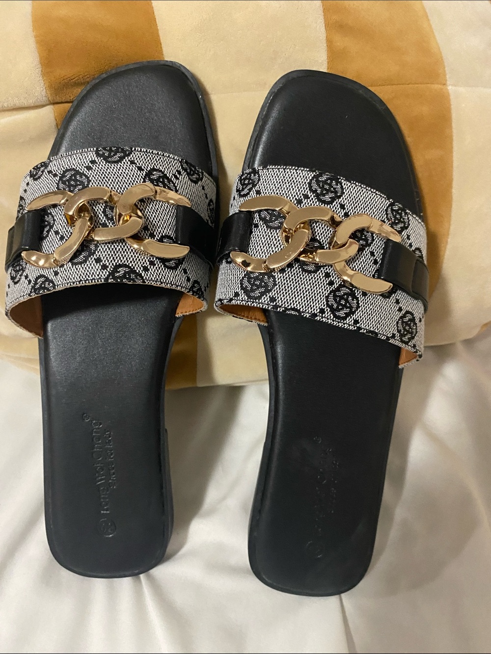 Black Chain-Accent Slide Mules with Monogram Strap